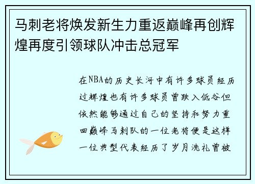 马刺老将焕发新生力重返巅峰再创辉煌再度引领球队冲击总冠军